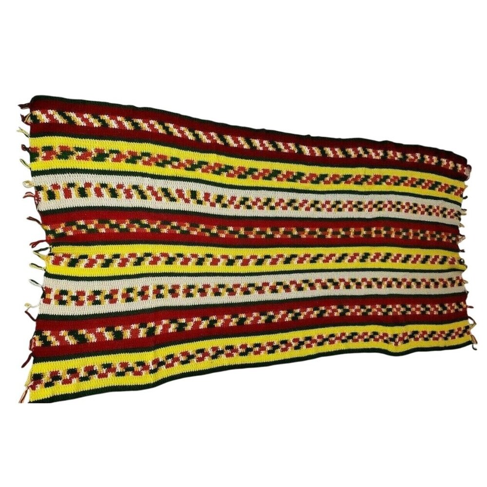 Vintage 70s Crochet Afghan 88 x 40" Red Green Yellow Striped Sofa Throw
